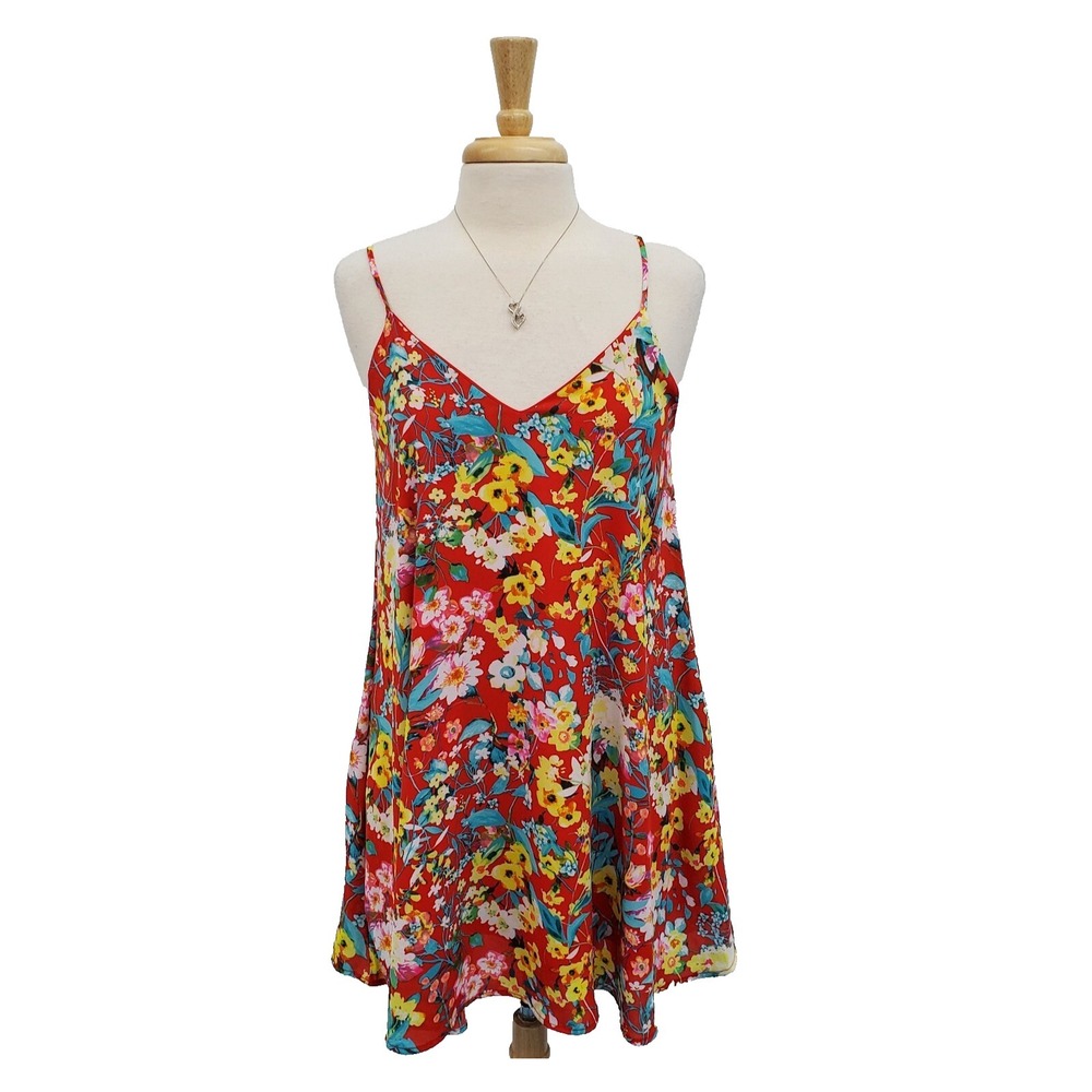 Peach Love‎ Womens M Red Floral Slip Dress Spaghetti Strap Swing Sundress